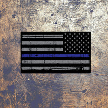 Load image into Gallery viewer, Thin Blue Line Tattered Flag Decal
